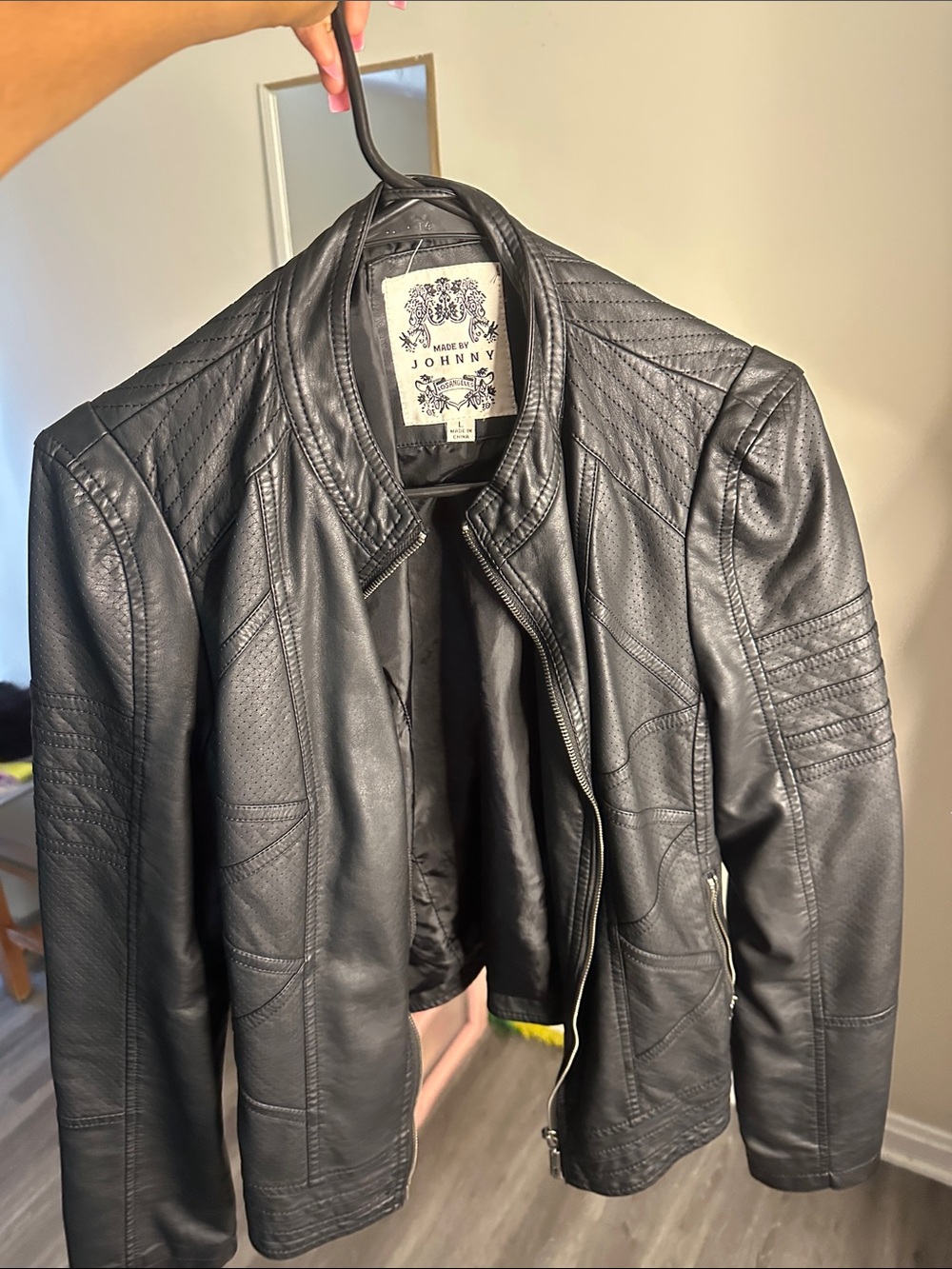 Johnny Was Black Faux Leather Quilted Moto Jacket
